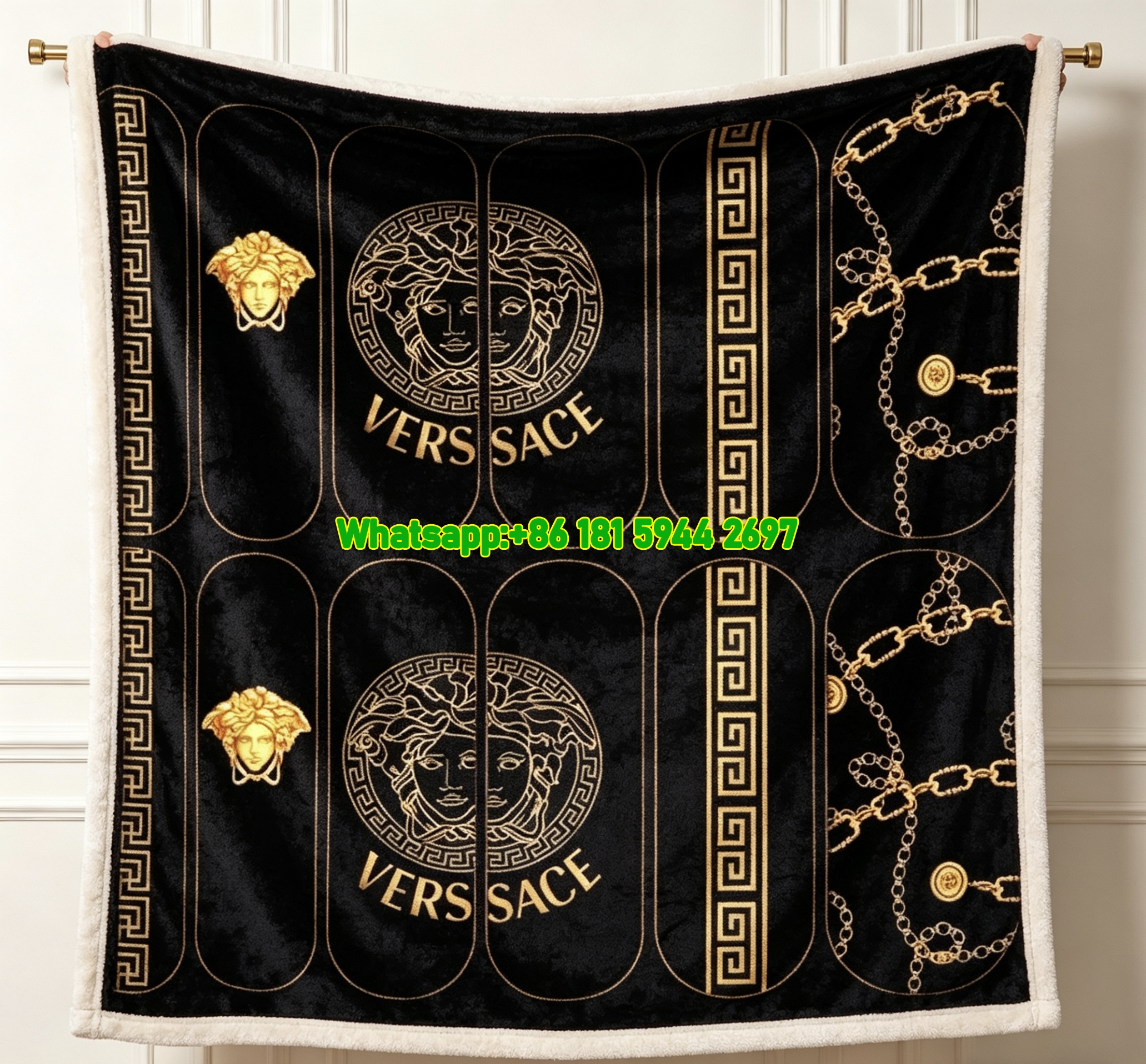 Versace Black Gold Medusa Greek Key Nail Art Print Flannel Throw Blanket IMG_1345